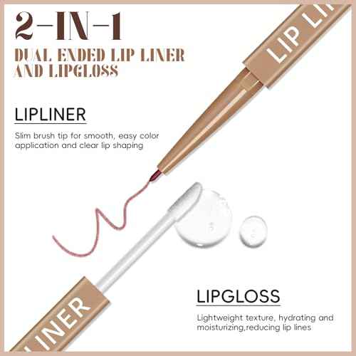 Double-ended Lip Liner with Clear Lip Oil, Moisturizing High Shine Transparent Lip Glow Oil with Nude Pink Lip Liner Set, Non-Sticky Plumping Lip Gloss Combo Lipstick Makeup-02