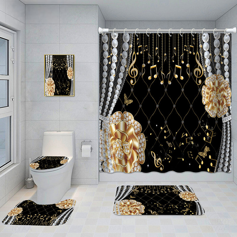 Bathroom 5-Piece Shower Curtain Set with Mat and Decorative Aluminum Frame