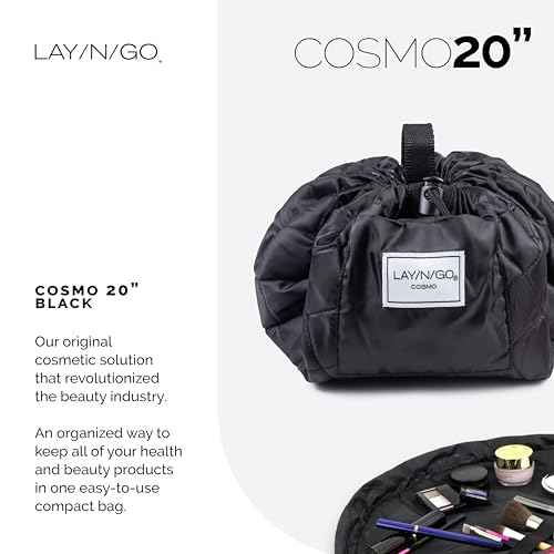 Lay-n-Go Cosmo Layflat Drawstring Cosmetic & Makeup Bag Organizer - Portable Drawstring Bag w/Zipper Pocket, Makeup Loops & More - Durable, Machine Washable Toiletry Bag for Travel (20", Black)