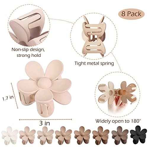 Flower Hair Clips 8PCS, Large Claw Clips for Women Girls Thick Thin Hair, Strong Hold Non slip Big Matte Dasiy Jaw Clamps Hair Accessories 8 Colors
