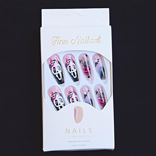 Halloween Long Press on Nails xl Coffin Fake Nail French Tip Ghost Faces Designs False Nails Press Ons Pink Pumpkin Stick on Nails Full Cover Artificial Nails Gift for Women 24pcs