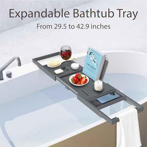 Bathtub Tray - Expandable Gray Bamboo Bath Tray for Tub with Wine Glass Holder, Book & Tablet Stand - Wooden Bathtub Caddy for Bathroom Accessories, Spa Relaxation, Housewarming & Wedding Gift