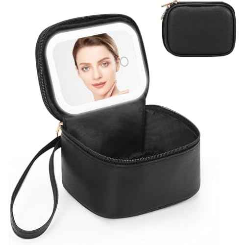 Relavel Mini Makeup Bag with Led Mirror, Small Cosmetic Bag with 3 Light Modes, Rechargeable Portable Makeup Pouch with Hands-Free Wrist Strap for Pool Parties?Work Touch-Ups?Travel - Black