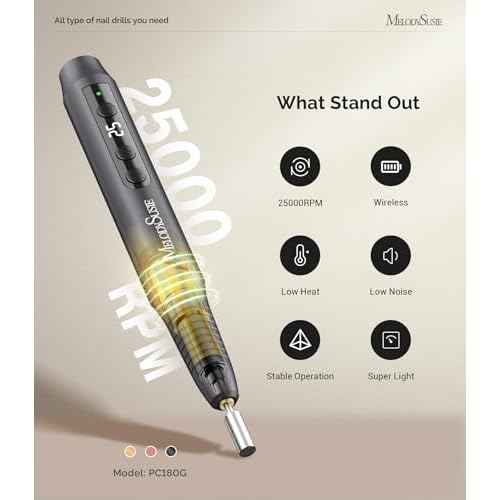 MelodySusie Cordless Nail Drill, PC180G 25,000RPM Rechargeable Electric Nail File with Nail Drill Bits,Sanding Bands