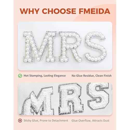 Fmeida MRS Patch Makeup Bag Bride Small Cosmetic Bag for Purse with Pearl Rhinestone Patches White PU Leather Detachable Handle Bride to be Gifts for Bachelorette Party Wedding Bridal Shower