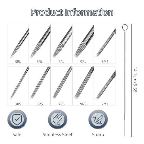 Tattoo Needles & Tips Set, ATOMUS 50pcs Disposable Mixed Tattoo Needles + 50pcs Assorted Tattoo Needles Tips, 5pcs of each-3rl 5rl 7rl 9rl 3rs 5rs 7rs 9rs 5m1 7m1 3RT 5RT 7RT 9RT 3DT 5DT