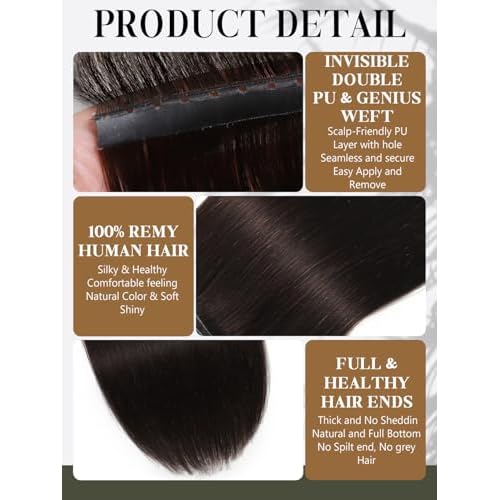 LOXXY Double Weft PU OVO Human Hair Extensions - Genius and PU Invisible Butterfly Weft Hair Extensions Real Human Hair - 16 Inch 100g Darkest Brown, Width 31.5"(80cm)