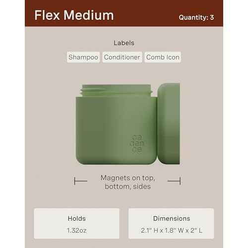 Cadence Travel Containers Haircare Capsule Set - Magnetic Containers with Lids,Carry On Travel Essentials For Women/Men - 3 Flex Mediums (1.32oz) - Shampoo, Conditioner & Comb Icon Labels - Evergreen