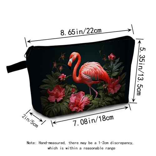 Flamingo & Red Flowers Cosmetic Bag Tropical Printed Design Makeup Organizer Vibrant Beach Vacation & Daily Travel Essential Unique Gift Idea for Summer Parties/Birthdays