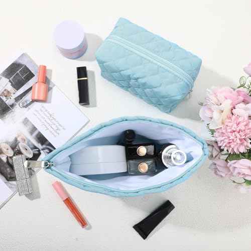 2 Pcs Pencil Case Quilted Makeup Bag Aesthetic Cosmetic Pouch for Women Puffer Travel Toiletry Bag Set Cotton Small Purse Pouch Makeup Organizer with Zipper(Blue)