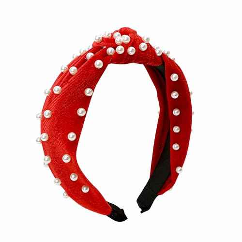 Marsrut Red Pearl Knotted Headband Women Girls, Fashion Cute Top Knot Velvet Hairband Non Slip Trendy Pretty for Valentines Christmas Easter, Beaded Wide Hair Accessories, Elegant Jeweled Embellished