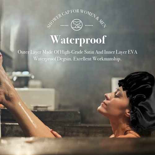 Extra Large Reusable Shower Cap for Men, Women (Black 4 Pack ) Satin Double Layer EVA Waterproof Long Hair Cap