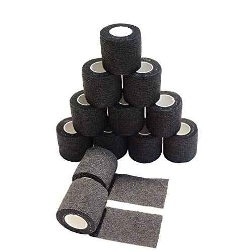 Tattoo Grip Tape Wrap Cover Tattoo Bandage 12pcs 2 Inches x 5 Yards Disposable Cohesive Nonwovens Elastic Movement Self-Adhesive (12 Rolls, 2-Inches Black)