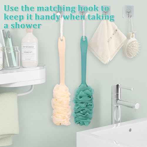 2Pack Back Scrubber for Shower Loofah with Long Handle, Shower Brush for Body, 17¡È Loofah on a Stick for Men Women Bathing Accessories, Scrubber Sponge for Exfoliating Bath Brushes (Beige & Green)