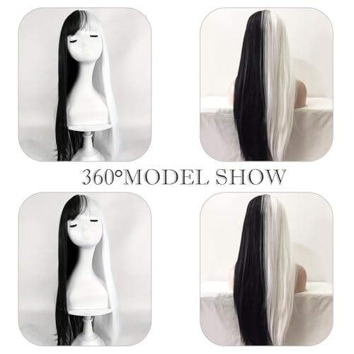 28 inch Long Straight Black and White Cosplay Wig with Bangs Natural Hair Fiber Synthetic Wig for Women and Girls, Perfect for Halloween,Holidays, Festivals, Christmas, Parties, and Cosplay