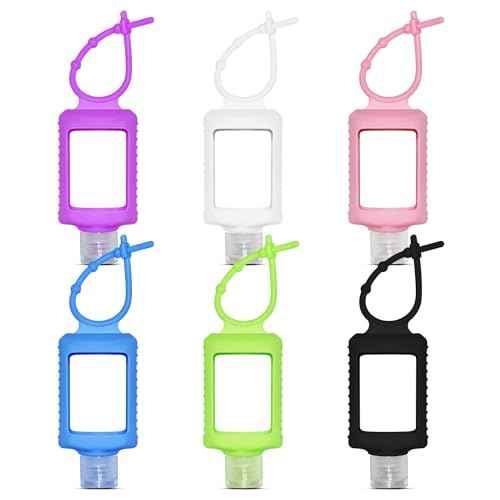 6Pcs Travel Size Empty Hand Sanitizer Holder with Silicone Keychain, 2 oz Leak Proof Refillable Plastic Bottles Portable Travel Containers with Detachable Silicone Case