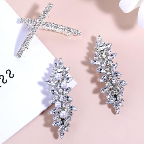 4PCS Hair Barrettes, Rhinestone Hair Clips, 3 Styles Silver Hairpins for Women and Girls, Alloy Hairclips with Rhinestone and Pearl, Sparkly Hair-Accessories for Wedding, Party, Dance and Daily Wear