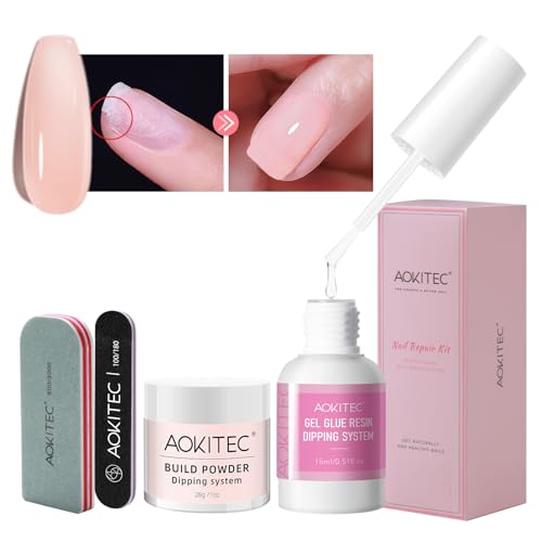 Aokitec Nail Repair Kit - 28g Jelly Pink Build Powder for Broken Cracked Split Weak Nails with 15ml Nail Repair Glue Ideal Solution Emergency Easy Quick Fix Air Dry DIY Natural Crystal Pink Nails