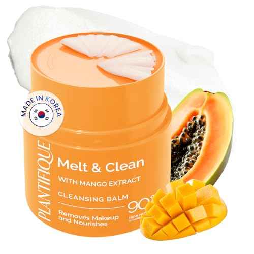 PLANTIFIQUE Korean Cleansing Balm Makeup Remover with Mango & Papaya Extracts, Hyaluronic Acid and Ceramide - Nourishing Melting Cleanser for All Skin Types 1.41 oz / 40 g