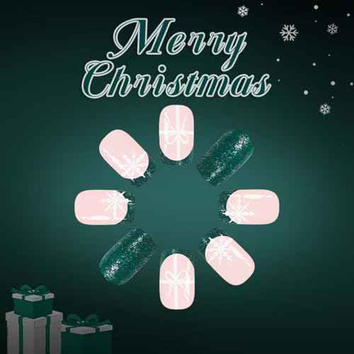 24Pcs French Tip Press on Nails Short Square LINMEIZAI Nail Tips Glitter Fake Nails Press Ons Nail Glue on Nails Acrylic Nails Kit with Peppermint Red Nails Nail Art for Women Christmas Decorations