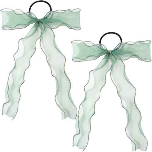 2Pcs Large Bow Hair Ties, Light Green Organza Ribbon Bow Hair Scrunchies for Women, Elegant Long Tail Bowknot Ponytail Holder French Hair Accessories for Wedding, Parties, Festivals