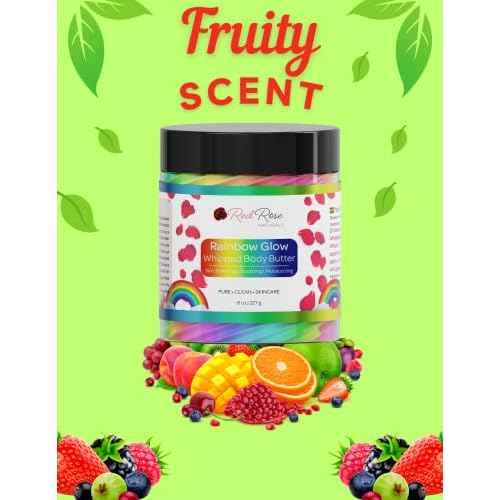 Red Rose Naturals Whipped Rainbow Glow Body Butter, Fruity Scent, Infused with Fruit extracts, 8 Oz, Non-Greasy, Creamy & Moisturizing Shea Butter - Nourishing Skincare for All Skin ? Vegan