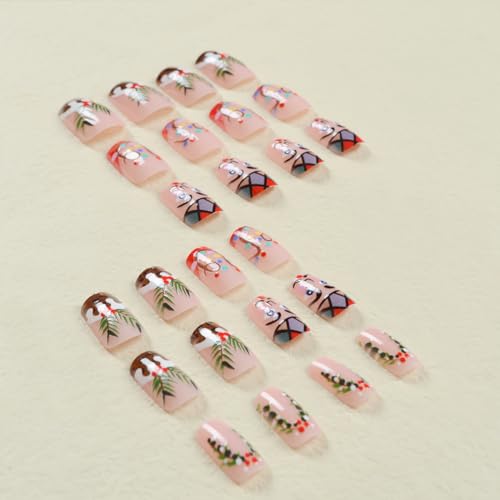 24Pcs Christmas Press on Nails Square Medium Length Fake Nails Cute Cartoon Elk Xmas Lights Stick on Nails Full Cover Acrylic False Nails with Design Winter Glue on Nails for Women DIY Christmas Nails