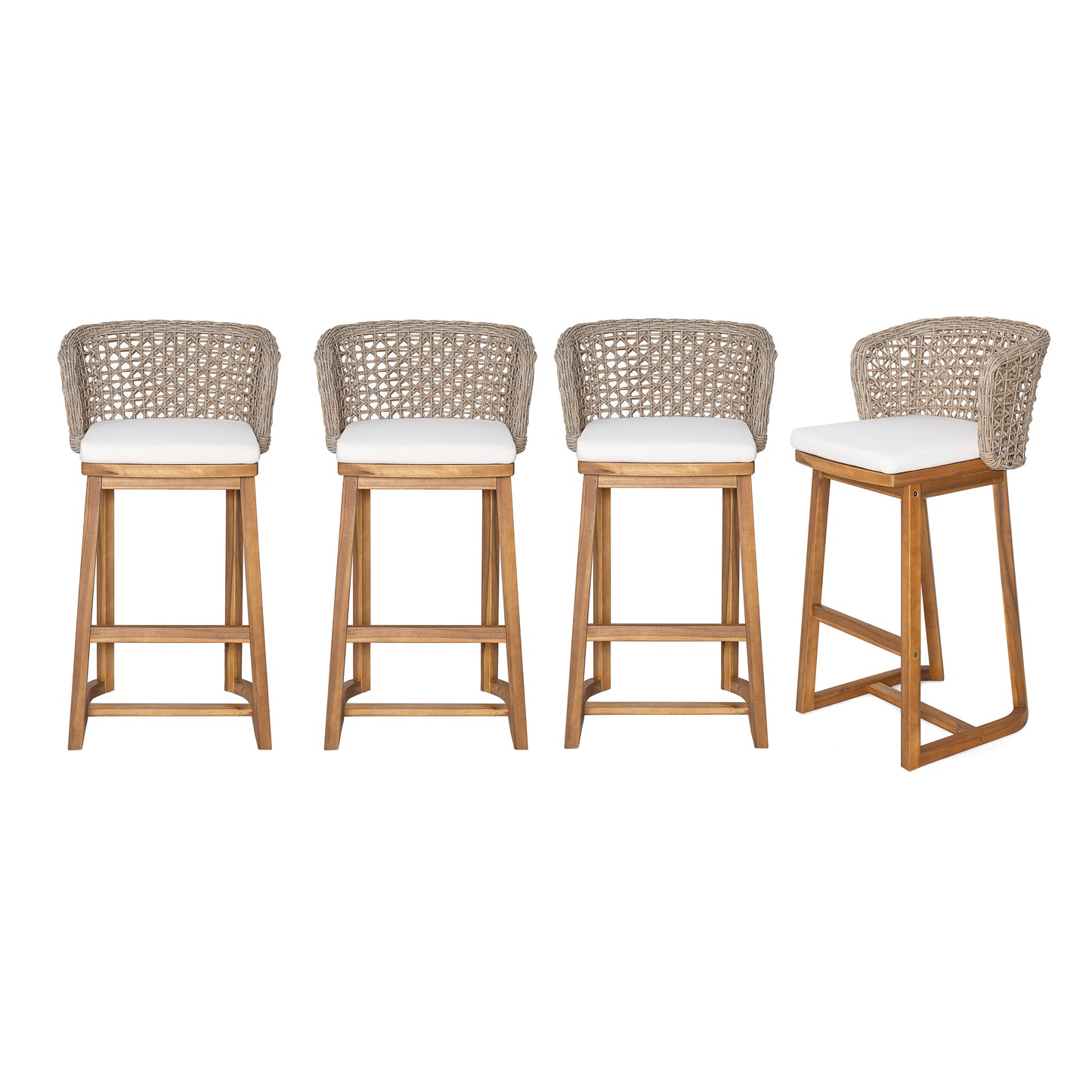 Outdoor Acacia Wood Bar Stools Set of 4 with Cushions & Wicker Back