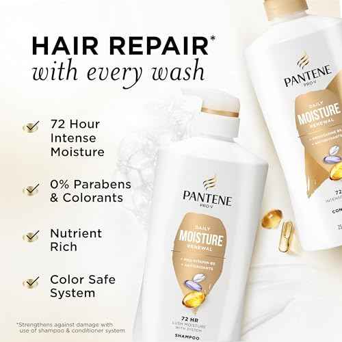 Pantene Shampoo & Conditioner Set, Daily Moisture Renewal - Pro-V Nutrients for Dry, Color-Treated, Straight to Curly Hair, 72-Hour Hydration & Softness, 52.8 Oz Total + Miracle Rescue Shot (0.5 Oz)