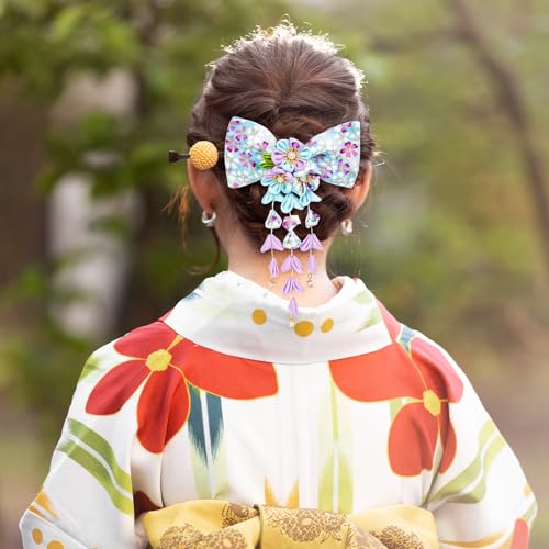 1pcs Japanese Style Hair Clips, Bowknot Tassel Hair Accessories Flower Kimono Traditional Hairpins Barrette Cherry Blossom Hair Clamp Bride Hanfu Accessory for Womens (Blue)