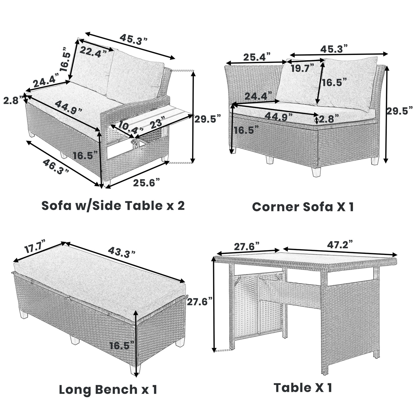 5-Piece Outdoor Rattan Sofa Set with Dining Table & Side Tables - White
