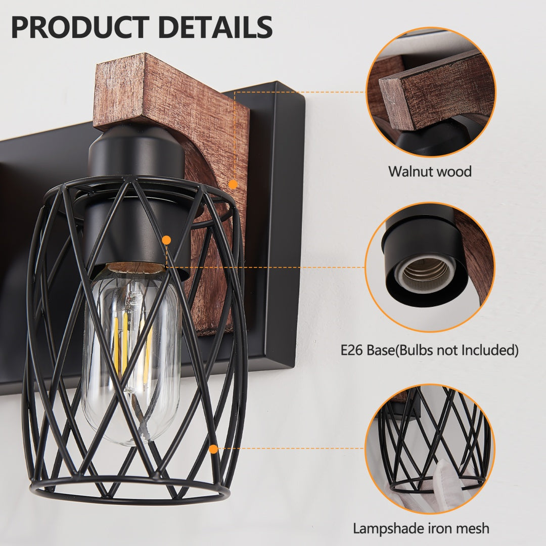 Industrial Vintage 6-Light Wall Sconce - Black Metal & Wood Accent