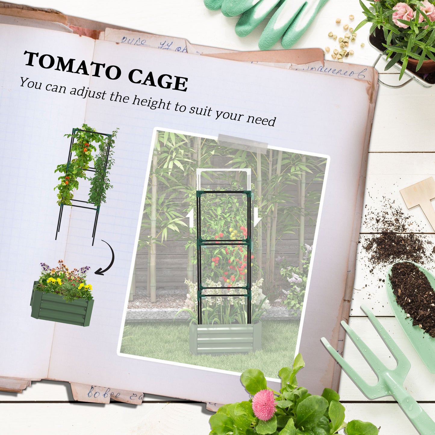 Galvanized Raised Garden Bed with Tomato Cage - 24x24x55 inches, Green