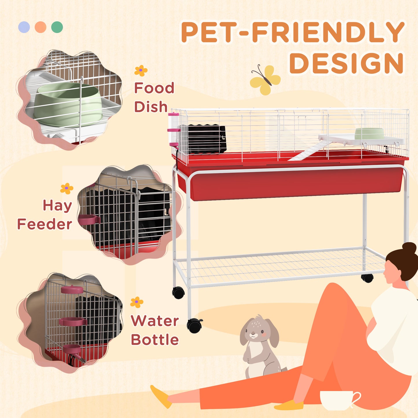 Small Animal Cage with Removable Stand, Wheels & Shelf - 39x20.5x36.5 Inches, Red