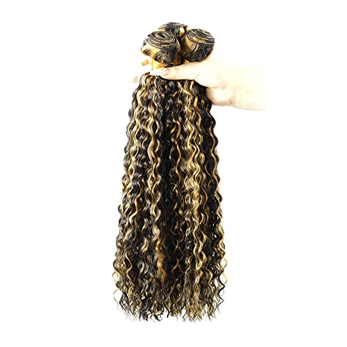 P1B27 Highlight Blonde Human Hair Bundles Honey Blonde Kinky Curly 3 Bundles 14 16 18 inch Vinmdonm 2 Tone Black and Blonde Highlight Bundle