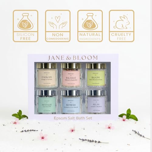 Epsom Salt Bath Gift Set ? 6 Aromatherapy Blends with Essential Oils ? Bath & Body Gift Set for Women, Stress Relief, Self Care, Birthday Gifts ? Jane & Bloom