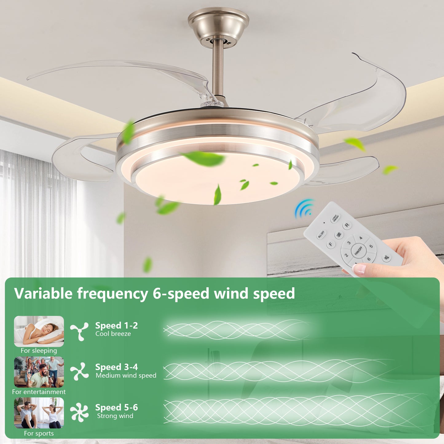 42-Inch Modern LED Ceiling Fan with Remote Control - Retractable Blades, 6-Speed, Quiet Operation