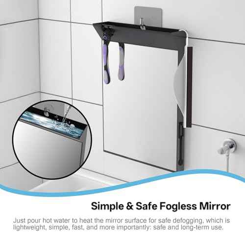 Wall Mount Anti Fog Mirror for Shower,Large Black Mirror for Bathroom,Hot Water Powered Defogging Shower Mirrors for Shaving for Women Makeup,Heated Makeup Mirror Hanging with Hook
