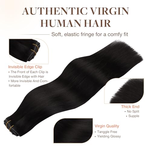 GOO GOO Invisi Edge Clip in Hair Extensions 18inch 130g 7Pcs Injected Seamless PU Clip in Hair Extensions, Virgin Real Human Hair, 1B Natural Black