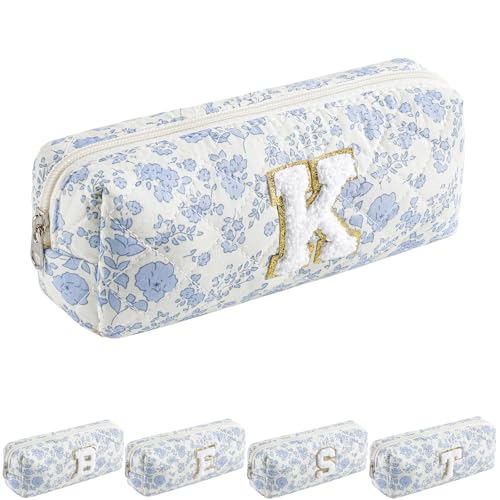 JOVAKIT Small Alphabet Makeup Bag Cosmetic Bag for Women, Christmas Gifts for Girls, Floral Flowers Coquette Travel Toiletry Bag, Zipper Make Up Pouch Organizer Bag Trendy Stuff (Blue Floral K)