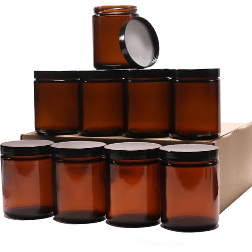 9 Pack Amber Glass Jars, 8 Oz Thick Amber Round Glass Jars, with Black Lids& Inner Liners, for Spice, Liquid, Sample, Leakproof and Cosmetic,Slime,candle