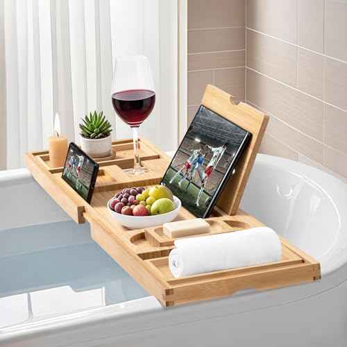 AUTODECO Bathtub Tray, Bamboo Bath Tray for Tub, Expandable Bath Tray with Bamboo Book Stand, Soap Tray, Bathtub & Bathroom Accessories Perfect for Home Spa, Natural Colour