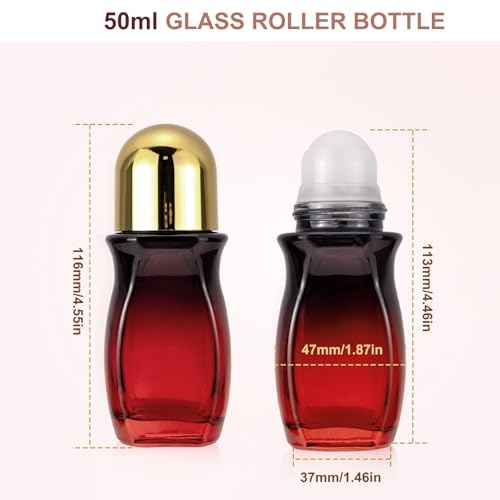 Kesell 2Pcs Glass Roller Bottles 50 ml Gradient Red Roll on Bottle with Plastic Roller Ball and Opener Empty Roller Ball Deodorant Container for Essential Oils, Perfume (Gold Lid)