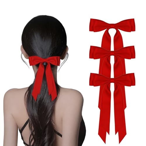 3PCS Big Red Hair Bows for Women Silky Satin Hair Ribbon Long Tail Bow for Hair Accessories Valentine's Day Mother's Day Gift for Romantic Parties Prom