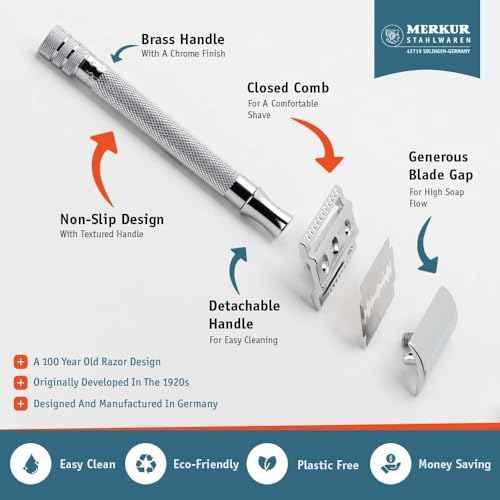 MERKUR 5005 Travel Shaving Set featuring MERKUR 23C Three-piece Safety Razor with Long Handle & Bright Chrome Finish, 10 Double Edge Blades & Black Leather Case | Made In Germany