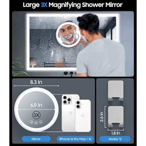 Gospire 3X Magnifying Heated Shower Mirror Fogless for Shaving, 5000mAh Battery, 360¡Æ Swivel & Magnetic Design, 8.3¡± Anti-Fog Shower Shaving Mirror with 3 Color Lights, Includes 2PCS Adhesive Hooks