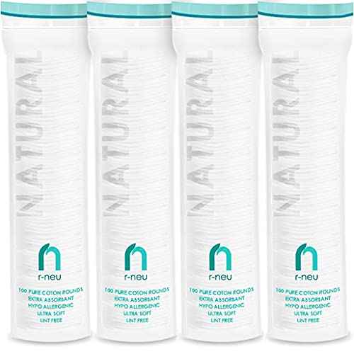 R-Neu Premium [Turkish] Cotton Rounds, 400 Count, Stitched, Waffle Textured, 100% Pure & Natural Cotton Pads for Face, Hypoallergenic Makeup Remover (4 Pack of 100)