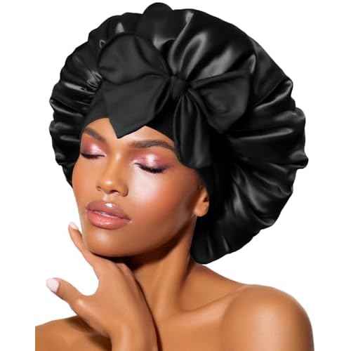 BONNET QUEEN Silk Bonnet for Sleeping Women Satin Bonnet Night Sleep Cap Hair Wrap for All Hair with Adjustable Tie Band,Black