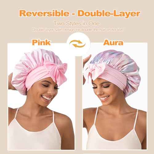 GDTOGRT Satin Silk Bonnet for Sleeping Women - Double Layer Sleep Hair Bonnets Caps for Curly Braid Hair with Tie Band