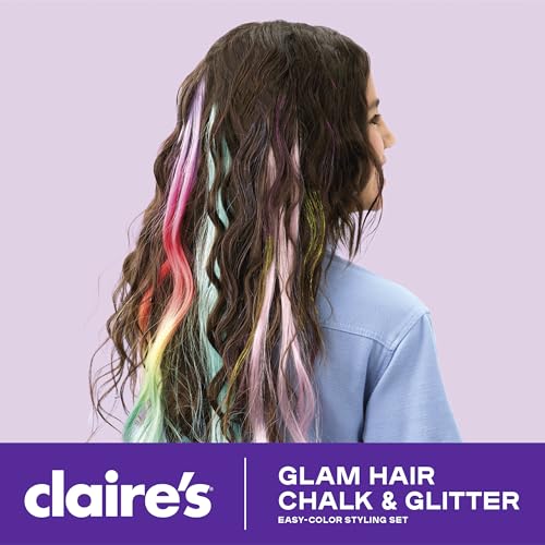 Claire's Hair Chalk & Glitter Styling Kit ? 13-Piece Temporary Hair Color Set with Washable Chalk Pens, Glitter Gels, Clip-in Extensions & Tools| Girls Beauty Activity Toy| Fashion Craft Kits Ages 6+
